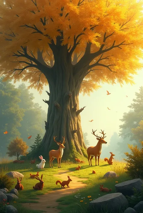 The animals around a big tree with big golden leaves