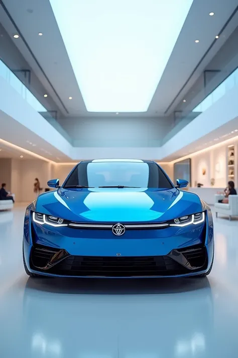 A captivating image of a 2025 proton saga taking center stage in a luxurious white showroom. The futuristic, vibrant (blue ) exterior gleams, showcasing its sleek, aerodynamic design and bold accents. The forant  view highlights the cutting-edge innovation...