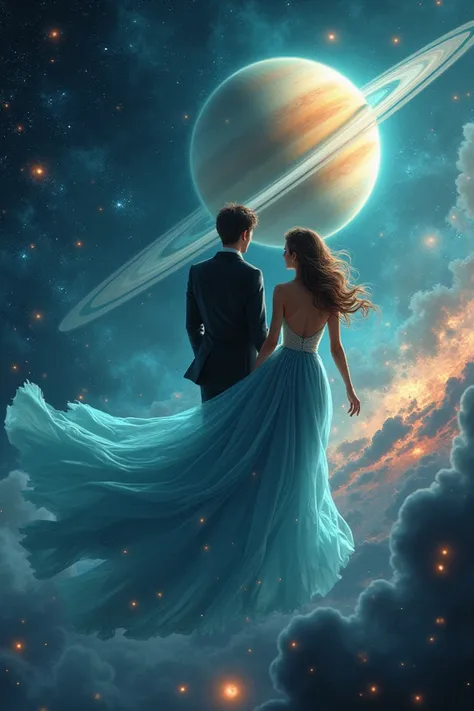 Couple in blue dress traveling to Saturn in space with stars and nebula