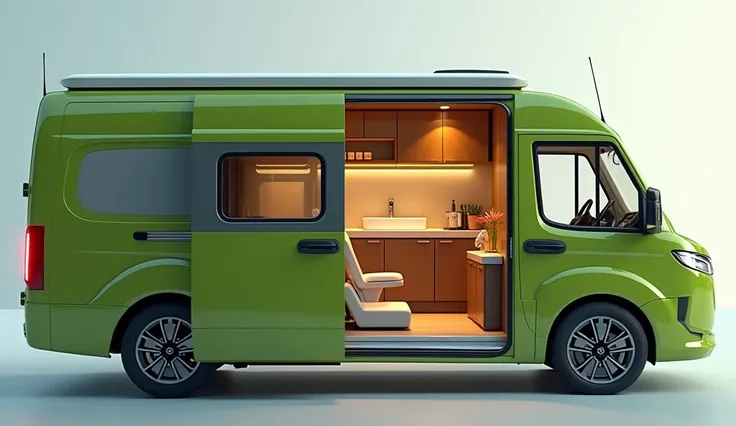 Here is the bathroom view of the 2025 Opel motorhome van in green, along with detailed interior views of the kitchen, bathroom, and living area. Let me know if youd like any further refinements or perspectives!
