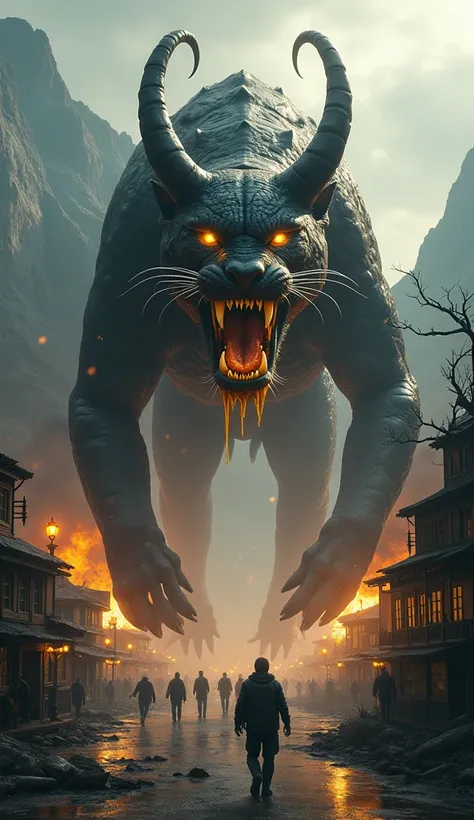 Radioactive mutant jaguar with six legs, horns, Venom eyes, scales and furious fang with raging yellow liquid causing chaos and destruction in a mountain town.