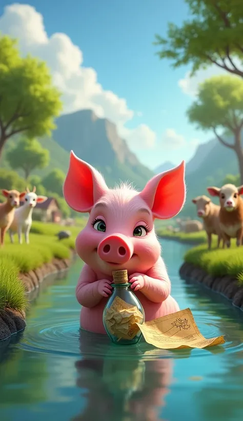  Pink pig finds a bottle with a map in the farm river, farm animals, Fundo vacas e cabras , Disney Pixar style, 4K