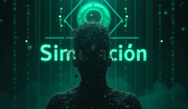 A mysterious and captivating YouTube thumbnail for a video titled "Vivimos en una Simulación y las IA lo Saben". The image depicts a human figure dissolving into binary code, with an ominously glowing artificial intelligence eye in the background. The sett...