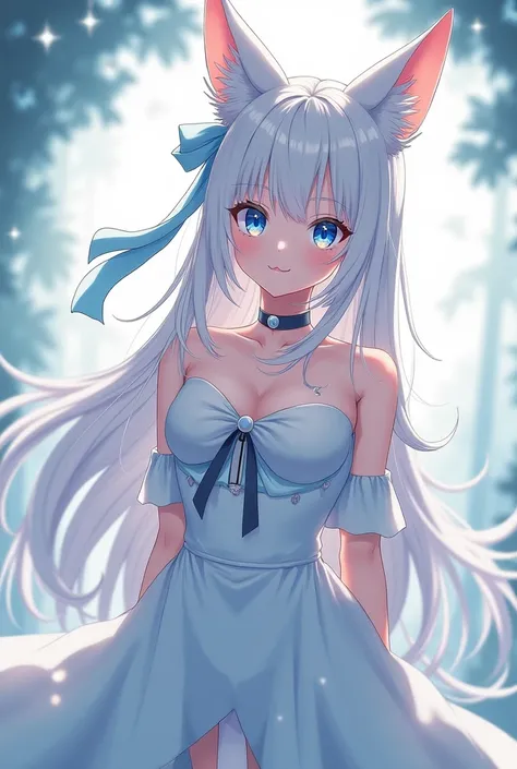 High Resolution, Long Hair, Bangs, White Hair, Breasts, Fox Ears, Blue eyes, Ribbon, Sparkle, Anime, 