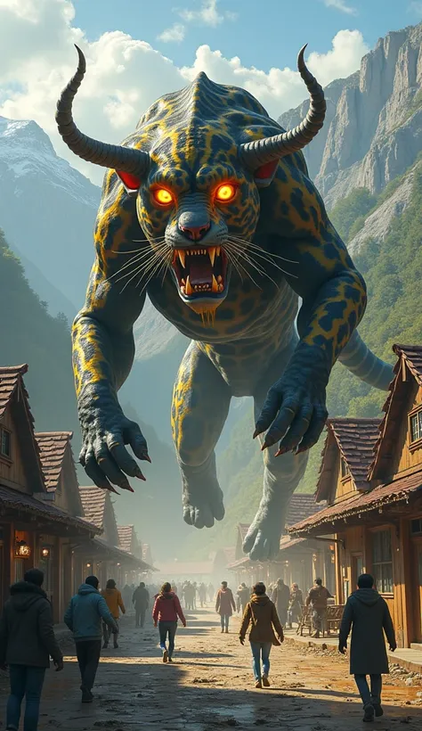 Radioactive mutant jaguar with six legs, horns, Venoms eyes and furious fang filled with raging yellow liquid causing chaos and destruction in a mountain town