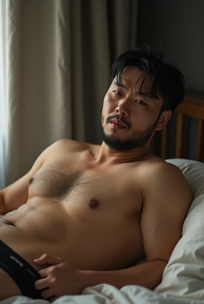 45-year-old Korean , natural hair,  delicate short hair ,  scoundrel beard lying on the bed , natural eyes, 
  looking at the viewer with a mischievous and exciting look,  provocatively biting his lips ,  mens triangular underwear ,  tanned skin ,  large b...