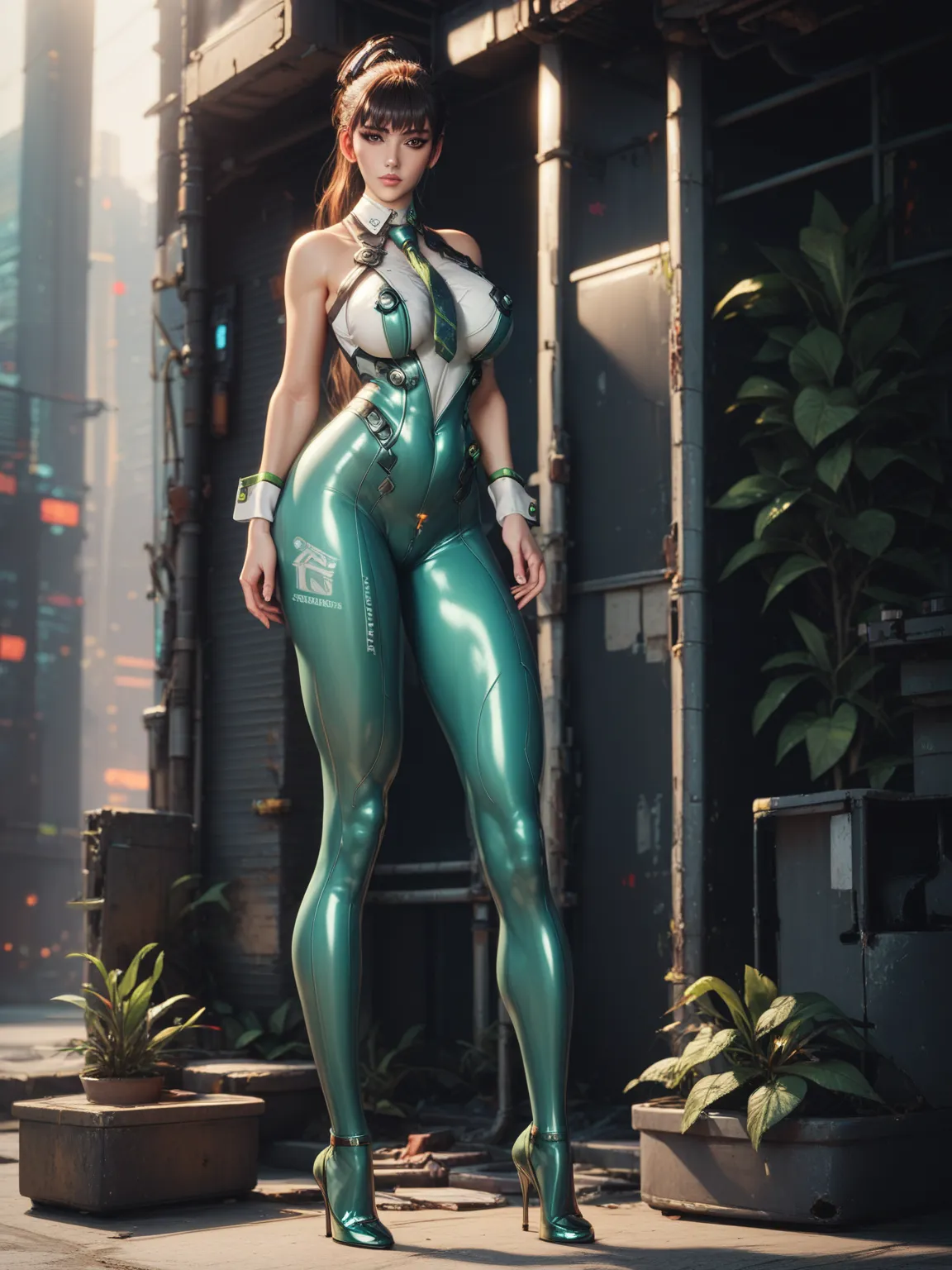 eve (stellar_blade), solo, bodysuit, necktie, abandoned cyberpunk city overgrown with plants, standing, looking at viewer, shiny...