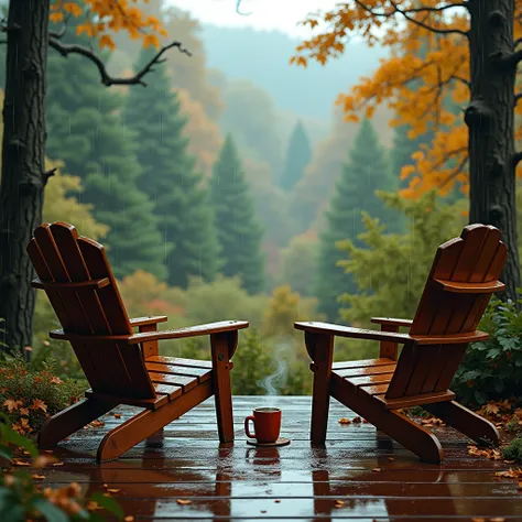 Nestled among towering trees, two inviting wooden chairs sit on a rain-soaked deck, facing the lush expanse of a peaceful forest. In between these chairs, a steaming mug rests on the wooden slats, adding a sense of warmth to the cool, misty air. This tranq...