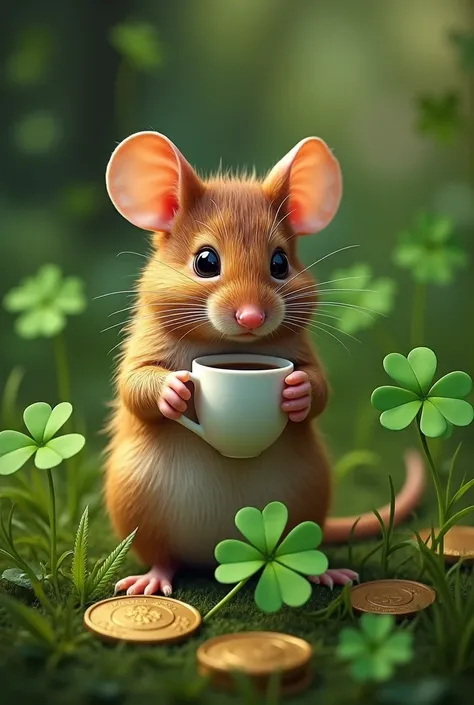 The prodigy mouse holds a coffee cup and the background of the photo is four-leaf grass and many coins