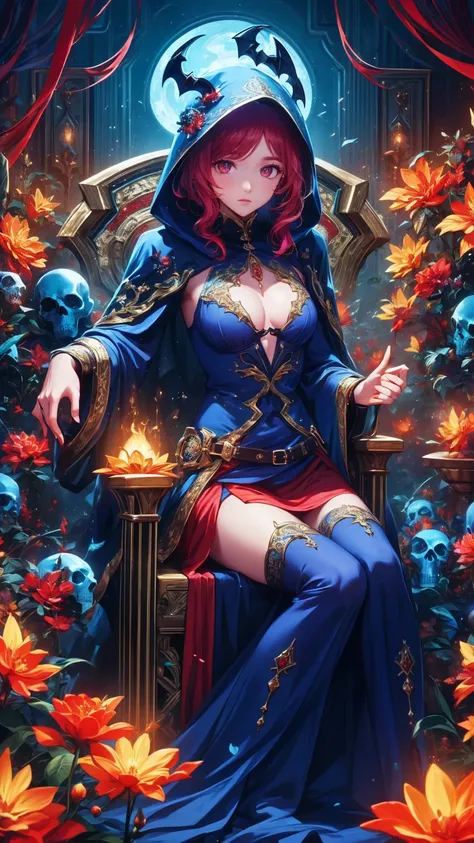 ( best quality), (masterpiece), ( high definition ), [: Intricate Details :], ( detailed background)  Hooded Sex Seated on a Throne Surrounded by Skulls Vampire Woman, She has red eyes, Her Clothes Are Red ,   Her Skin Is White Like a Vampire  ,  Dark Fant...