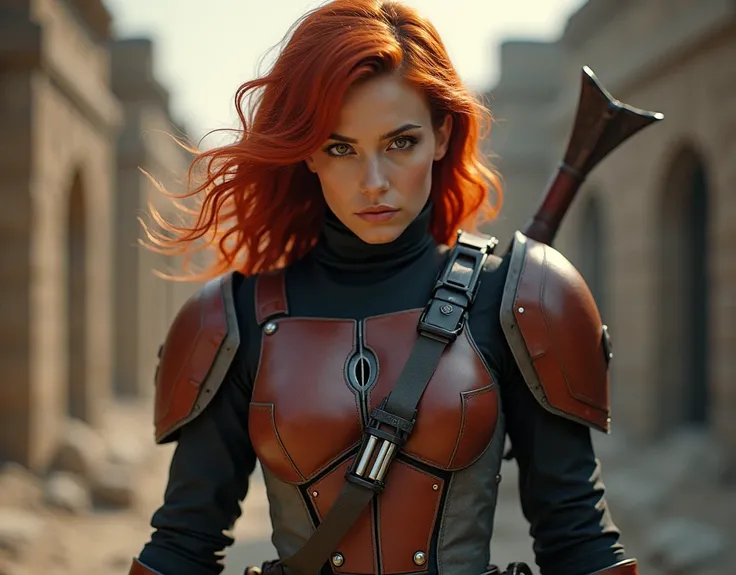 1 woman, bokatan, armor, red hair, battle pose, Photorealistic, Hyperrealistic, Hyperdetailed, analog style, hip cocked, demure, low cut, detailed skin, matte skin, soft lighting, subsurface scattering, realistic, heavy shadow, masterpiece, best quality, u...