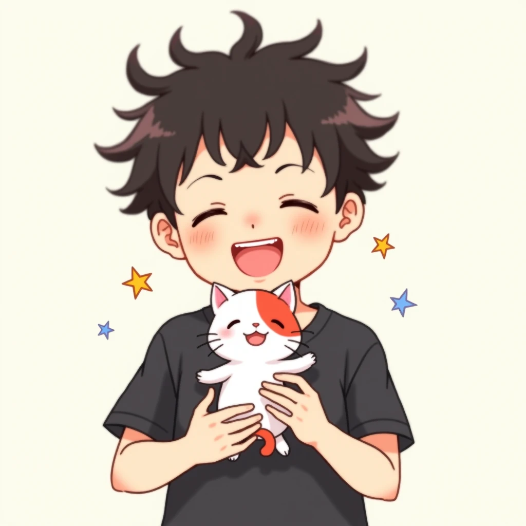 The image is an anime-style illustration of a young boy with silly  hair, wearing a black t-shirt, holding a small white and red kitten. Both characters have a joyful expression, and there are small stars around the kitten, suggesting happiness.