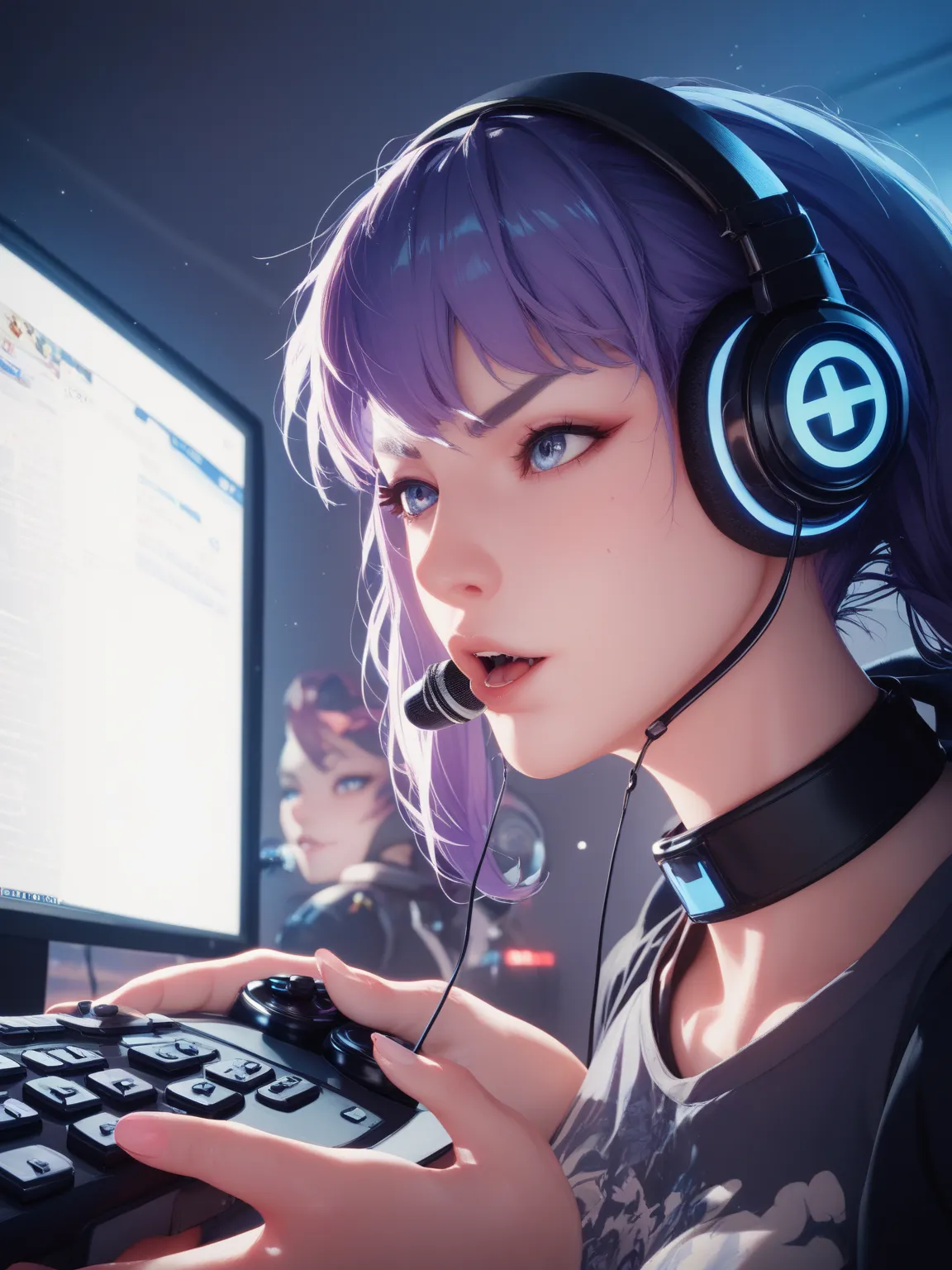 in a dark room at night 、 a woman without sleep is sitting in front of a computer.。 ela is using headphones with a microphone 、 ...