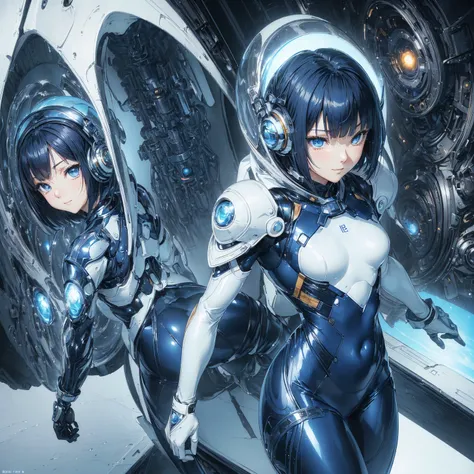 (masterpiece、 best quality、 highest resolution、Clear_image、Detailed details): (Whole body、A 20 year old girl、Japanese Faces、 small face、 slender、 dark blue super short bob cut hair、(Hidden small breasts:1.3)、 Sparkling Blue Eyes 、Shiny pilot suit in white,...