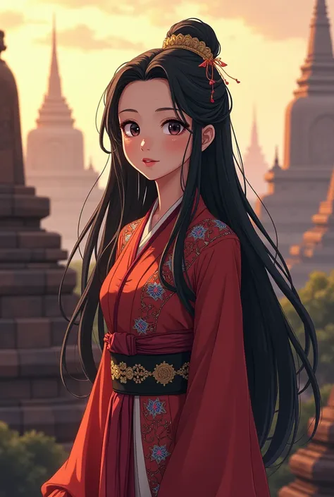 Anime girl with Burmese old Bagan ,Myanmar girl,Buese Court style, Burmese clothes,black long hair,4k , Buddha temple 