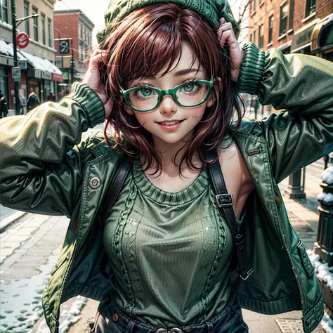 Short,  red hair ,  green eyes ,  metal-framed glasses, knitted green hat , green jacket, green mittens, smiling girl walks through a snowy city.