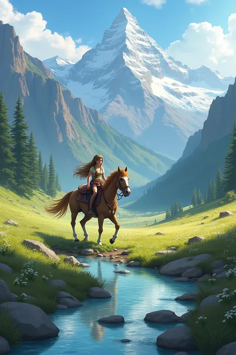 Mountains, streams, a girl riding a horse