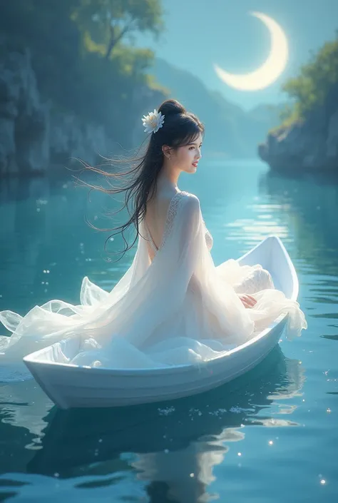 Anime girl in a white dress floating a boat in the water，Fantasy，Moon Goddess，Beautiful fantasy queen,  by Yang J, Chinese Fantasy，Beautiful girl，Sea Queen Mu Yanling，Moon Goddess，Moon Goddess，Flowing magic robe，Beautiful fairy wizard, by Leng Mei, ((a bea...