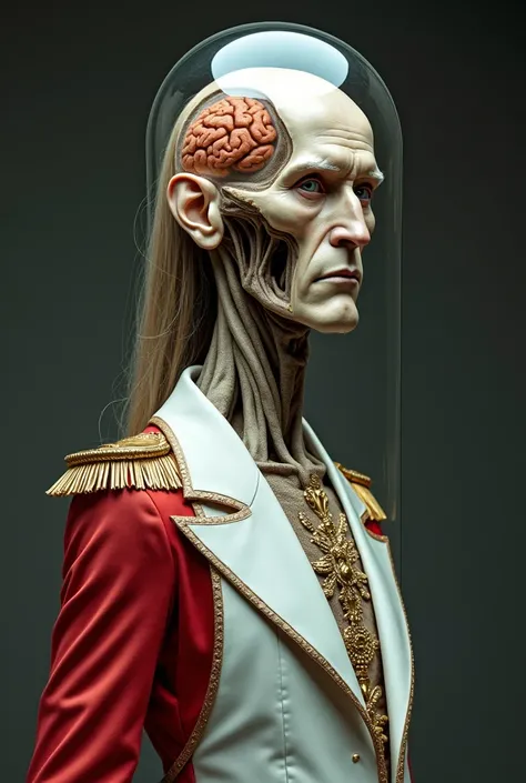 A tall, lean man with an elongated face and a regal, aged appearance, wearing an ornate royal suit in white and red. His most striking feature is his transparent skull, a glass-like material that encases his head, beginning just above his eyes and eyebrows...