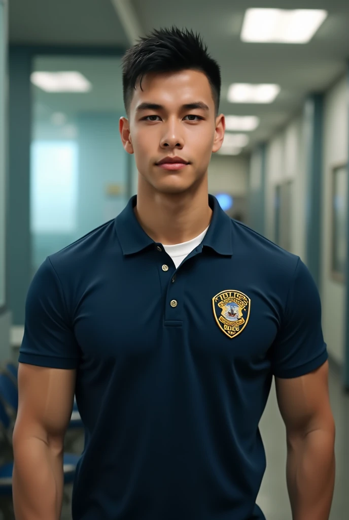 Realistic images, like a real man sitting , Asian man with skinhead hair 、(Big muscles)、Short Fade Cut 、laugh、18 years old、, a very handsome, cute bodybuilder, 、(Big muscles) Broad shoulders , Muscle Ties 、Man、Short hair、 big 、 wearing navy polo shirt with...