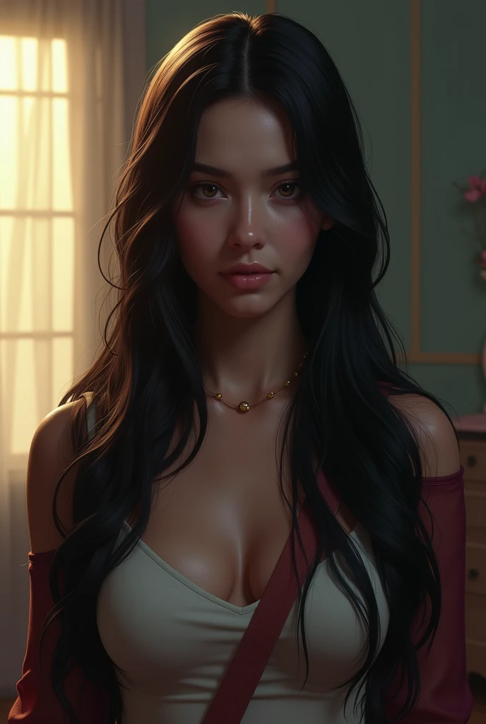 (( RAW photo), absurdo, ( absurd resolution )),  masterpiece,  better quality , ( Extremely detailed 8k unity CG wallpaper), ( best illustration ), ( best shade),  realistic lighting ,  detailed and beautiful brightness , ((20 years)), girl,  Long Black Ha...