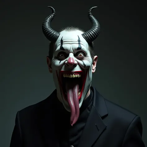 A psychopathic pastor with a cruel and frightening expression. He is laughing with his mouth wide open, sticking out a very long tongue, wearing white make-up, and has horns.