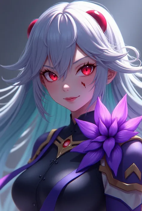  Girl with lavender green hair and red eyes and a small scar of over one of her eyes and a purpleish blue flower in a hero costume 