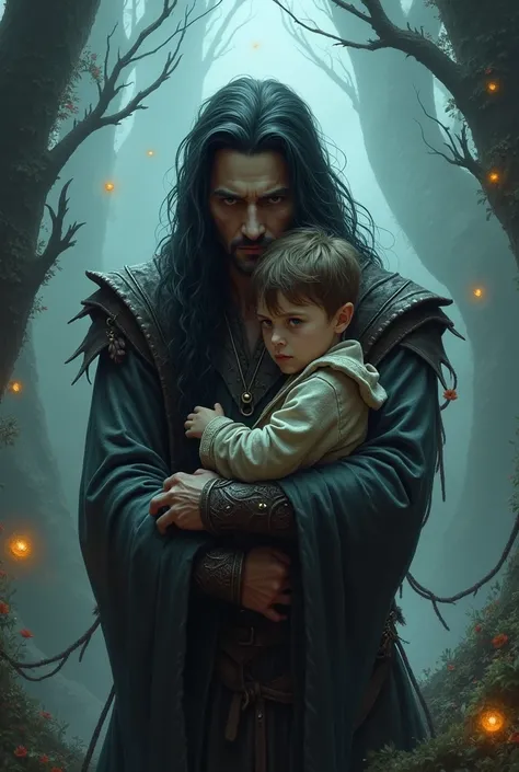 A dark and mysterious-looking man with long hair holding a small boy in a magical setting