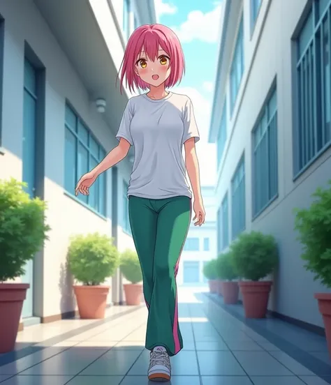 A 17-year-old anime woman , anime To love ru,  soft lighting ,  Walking through the corridors outside a white school with blue tinted windows with medium-sized flower pots along the corridor in the city of Tokyo, During the afternoon. She is 167 cm tall , ...