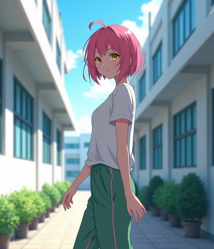 A 17-year-old anime woman , anime To love ru,  soft lighting ,  Walking through the corridors outside a white school with blue tinted windows with medium-sized flower pots along the corridor in the city of Tokyo, During the afternoon. She is 167 cm tall , ...