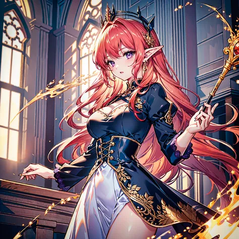  High Quality , masterpiece,  delicate hair ,  Delicate Eyes,  Queen of the Elves, woman, Sharp purple eyes,  red hair( orange-red),  long hair, Big Breasts,  glamorous , Mysterious appearance ,  gothic dress,  big ribbon,  holding a bow , drawing arrows ,...