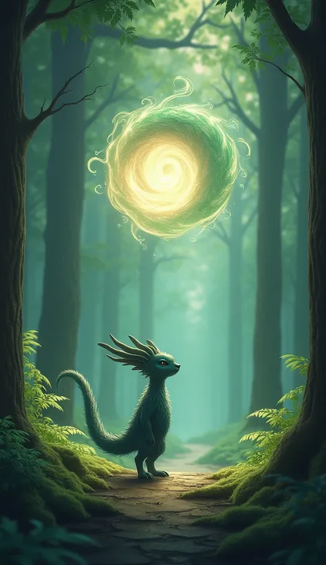 (A lone Daregon stands in a mystical forest, gazing at a swirling, ethereal orb of energy suspended in mid-air. The sunlight filters through the tall trees, casting a serene glow on the scene, where nature meets the unknown, creating an enchanting atmosphe...