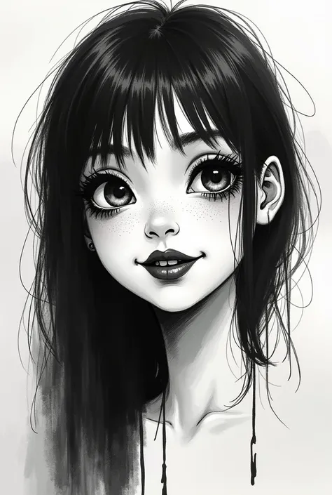  Black Ink Sketch , Young Girls. Portrait of a Smile ,  heavy gothic makeup ， Smooth Lines ,  simple background, Emphasize light,  Shadow and Space Perception,  Rich Negative Space ,  Uplifting Comics , Emphasizing a Smile , sketch, ( in a Primitive Style ...