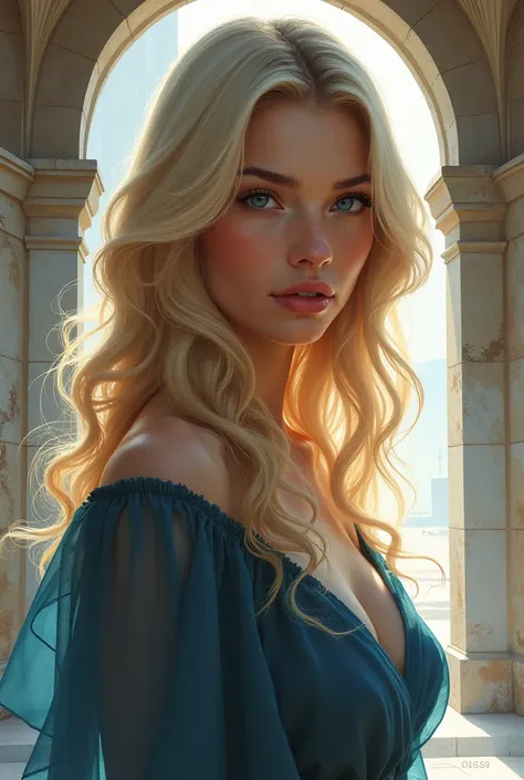 Cover of a girl with blue eyes , high,  wavy and blond hair who studies architecture but her dream is to study fashion.  She manages to study it with the help of her fairy godmother  