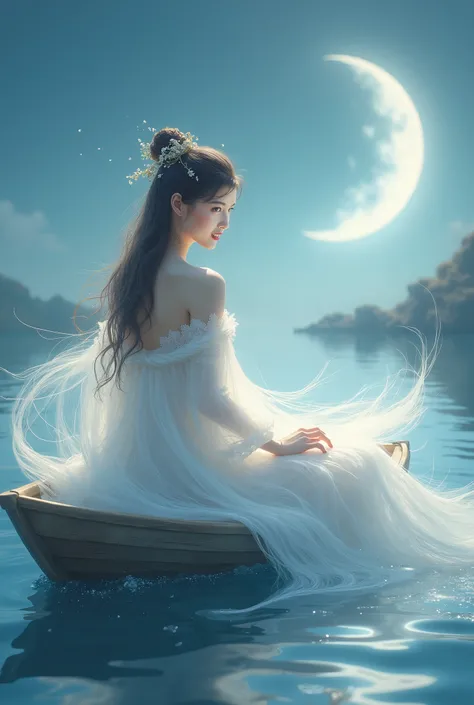 Anime girl in a white dress floating a boat in the water，Fantasy，Moon Goddess，Beautiful fantasy queen,  by Yang J, Chinese Fantasy，Beautiful girl，Sea Queen Mu Yanling，Moon Goddess，Moon Goddess，Flowing magic robe，Beautiful fairy wizard, by Leng Mei, ((a bea...