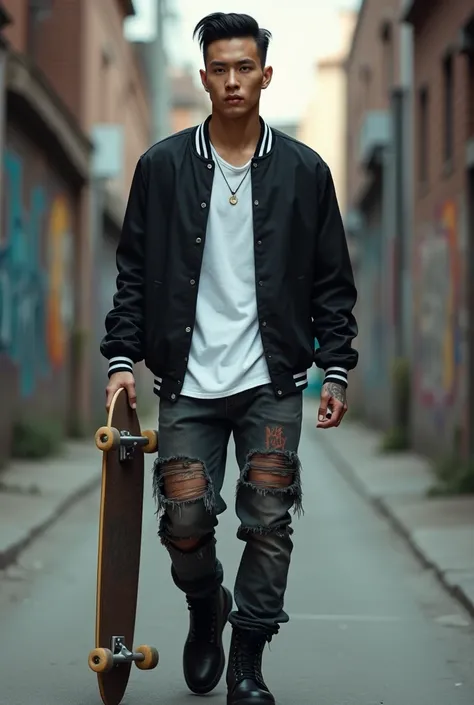 A handsome Asian male, 25 years old, slick back, baseball jacket, white T-shirt, torn trousers, black boots, rings, piercing, full body tattoos, street, walking, carrying a skateboard. Aesthetic. Focus. Photoshoot. Photography. 