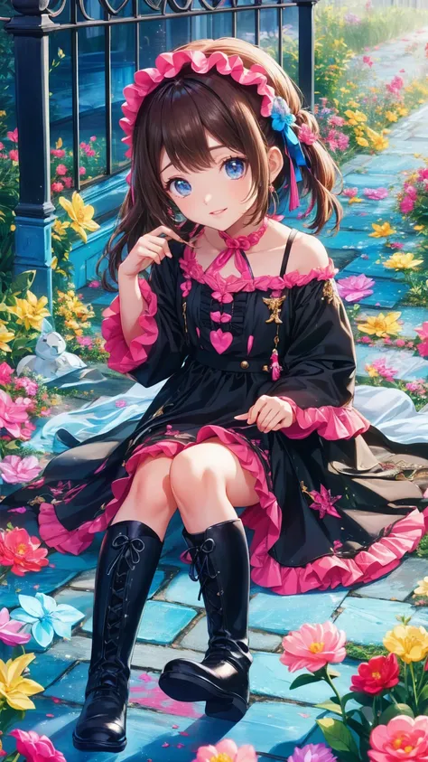    anime style、story、、   cute女の子 、とてもcute天使、   pink gothic dress   、cute、baby face、smile、   Long Skirt 、    black boots 、Very cute headband
