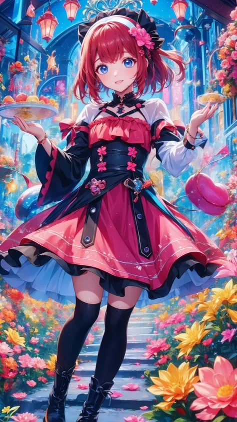    anime style、story、、   cute女の子 、とてもcute天使、   pink gothic dress   、cute、baby face、smile、   Long Skirt 、    black boots 、Very cute headband
