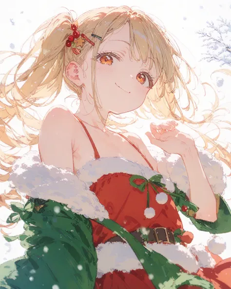 shinosawa hiro,thin,Orange eyes,White eyelashes,Blonde,Long Hair,Hair Clip,flat chest,white background,side ponytail,from below,santa dress,smug,snow