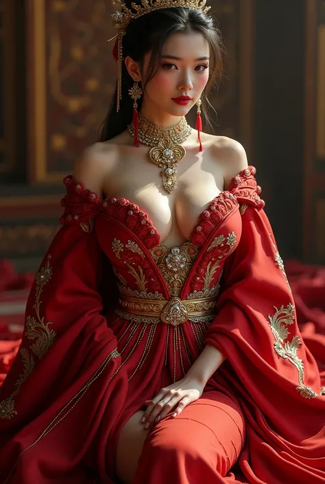 The beautiful sexy empress of China with alluring forms in a red erotic robe with a large number of jewelry curves attractively