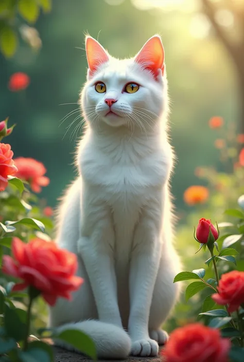 A white cat in a garden with a rose
