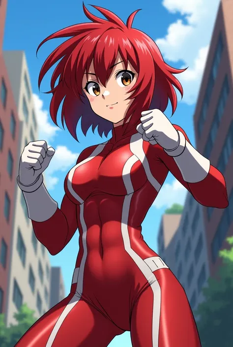 My Hero Academia Style , Anime girl, female, young female ,Full Body Shot,(fighting stance:1.3),Long hair, Red Hair,  Brown Eyes,Hero Suit, Full Body Suit, red suit with white details, perfect anatomy,  Toughened Abs,super detailed,(Buildings:1.2）