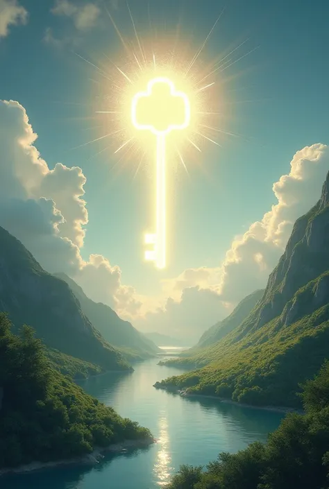 Prompt: A serene spiritual landscape with a glowing key floating in the sky, symbolizing trust and faith, surrounded by an aura of divine light.