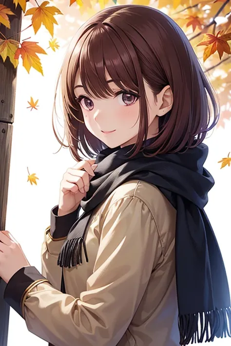 my grandmother、 shiny maroon hair ,  short hair, ( brown pretty eyes、 Sparkling Eyes , Fine grain)、smile、 super detailed eyes 、 very detailed face,  very detailed eyes,,  best quality ,Alone, 1 girl , Alone, 



 Autumn outfit, scarf,  comments,  boots, Pi...