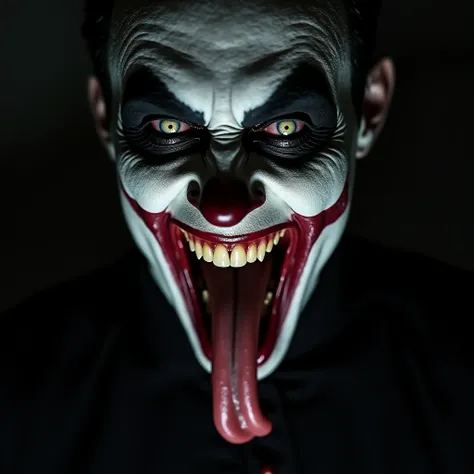 A menacing figure, the psychopathic pastor, exudes malevolence as he laughs maniacally with his mouth agape, revealing a long, twisted tongue protruding from behind white makeup. This chilling scene is vividly depicted in a photograph, capturing the pastor...