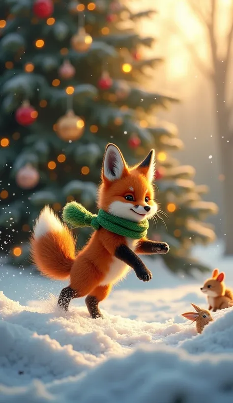 A baby red fox with a fluffy, bright tail and a small green scarf is playfully jumping in a pile of snow, celebrating Christmas with joyful abandon. The snow sparkles as if dusted with magic, and in the background, a huge Christmas tree is adorned with gli...