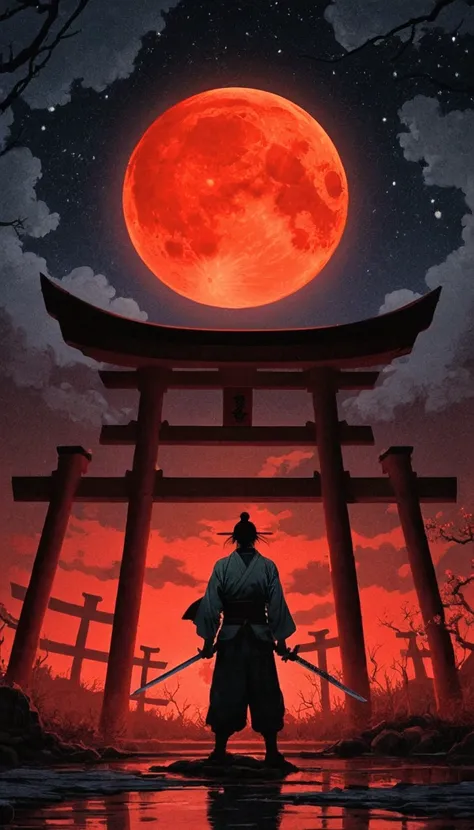 a man standing in front of a red moon with a sword, red moon, inspired by Kanō Hōgai, japanese art style, blood moon, blood red moon, praise the blood moon, during a blood moon, moon bull samurai, by Torii Kiyomasu, samurai man vagabond, samurai style, ful...