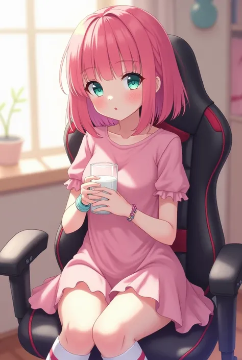  masterpiece ,  Best Quality , 1 girl, only, looking_No_viewer, Blush, Body of a young man , no errors in the images , Uma garota de anime No quarto gamer sentada em uma cadeira gamer,  drinking a glass of milk ,  I had a pink dress , pink hair, Celeste ey...