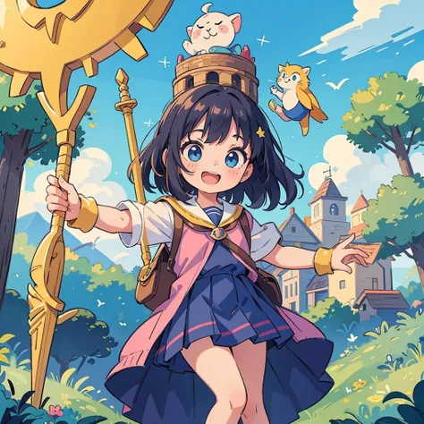 (masterpiece, best quality:1.1),pop art,cute girl,Elementary school student,wearing a wizards costume and holding a fantastic staff.great joy