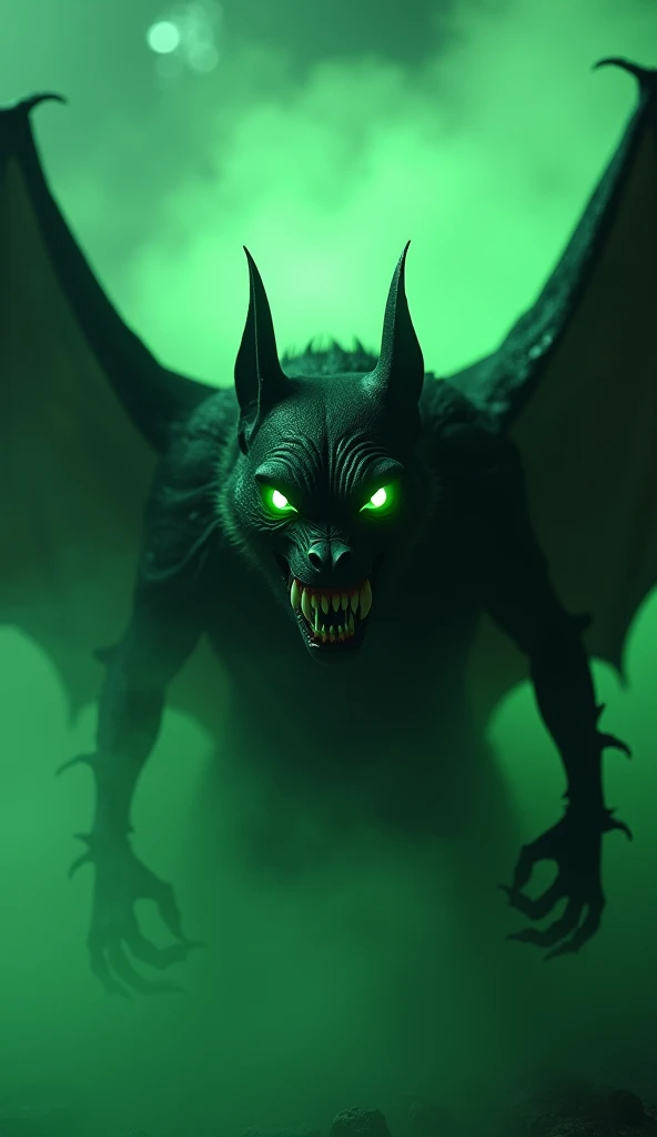 Here’s the modified prompt:

"A fierce black bat with glowing green eyes and sharp fangs, dripping saliva, emerging menacingly from an eerie green mist, cinematic composition, photorealistic details, intense focus on the bats expression, dark and mysteriou...